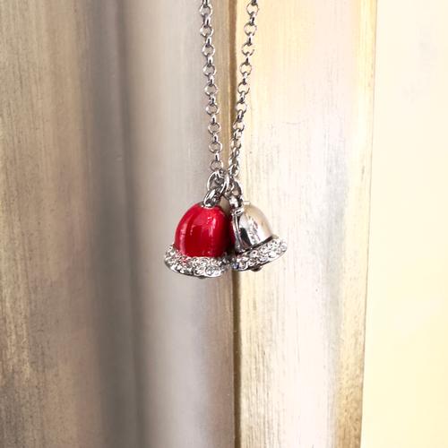 COLLANA CON DUE CAMPANELLE OVALI CON CRISTALLI - ARGENTO - SMALTO ROSSO